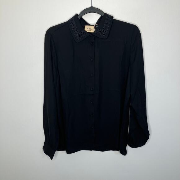 NWT ELIE TAHARI Black Lace Inset Collared Button Blouse Long Sleeve Large - Picture 1 of 5